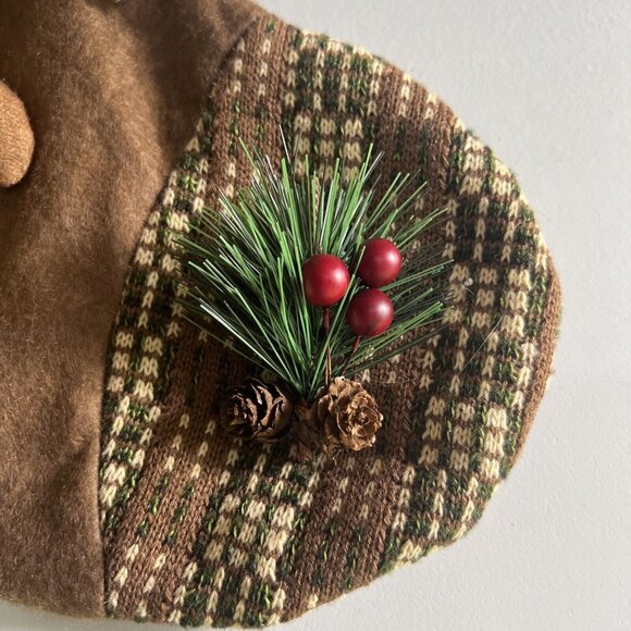 Rustic Christmas Stocking 3D Plush Reindeer Moose Trees Stars & Evergreen Decor - Picture 2 of 10